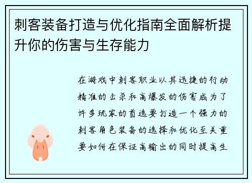 刺客装备打造与优化指南全面解析提升你的伤害与生存能力